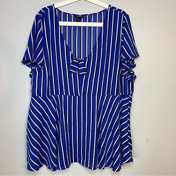 torrid Tops - Torrid Womens Plus Sz 3X Blue White Striped With Bow Blouse Flutter Short Sleeve